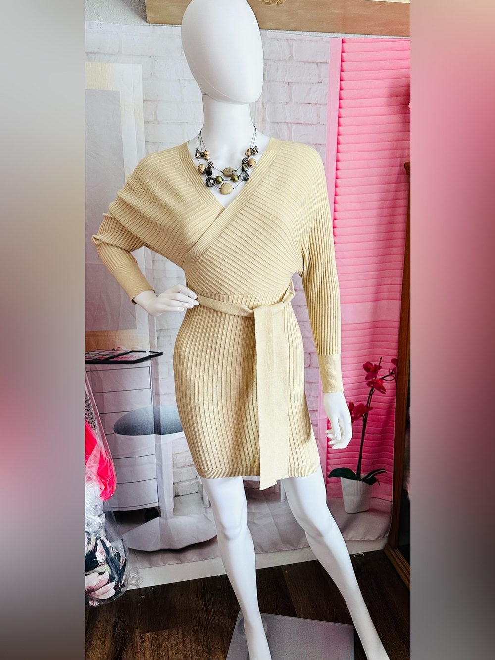 Windsor Tan Ribbed Knit Wrap Belted Sweater Mini Dress